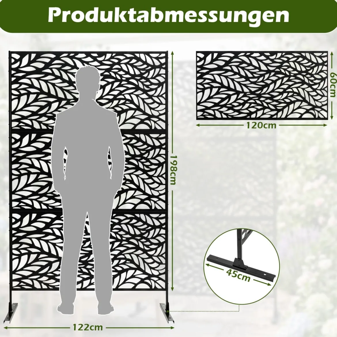 Sichtschutz Garten 122 x 198 cm Freistehender Raumteiler aus Verzinktem Stahl Schwarz