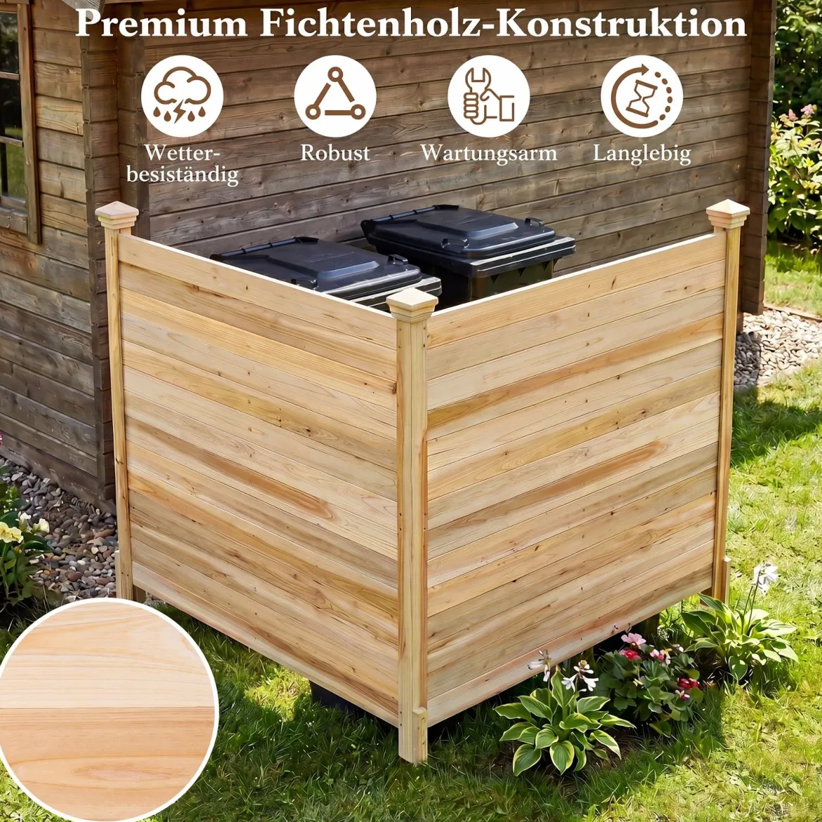 Sichtschutzzaun 2 Teilig 119 x 119 cm Gartenzaun aus Tannenholz Outdoor Holzzaun mit 3 Pfählen Natur