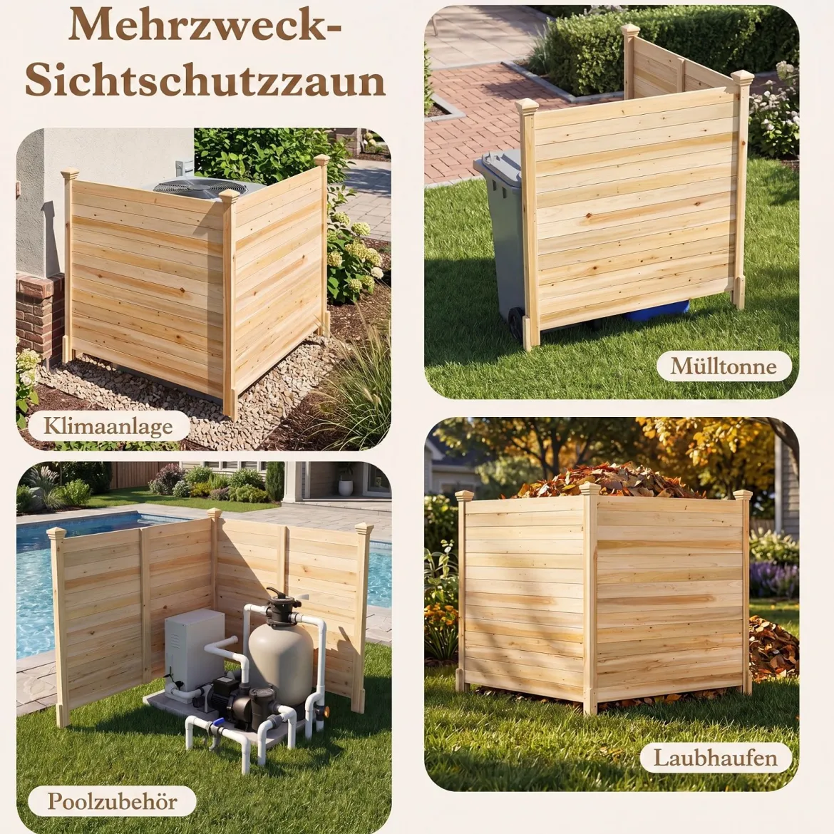 Sichtschutzzaun 2 Teilig 119 x 119 cm Gartenzaun aus Tannenholz Outdoor Holzzaun mit 3 Pfählen Natur