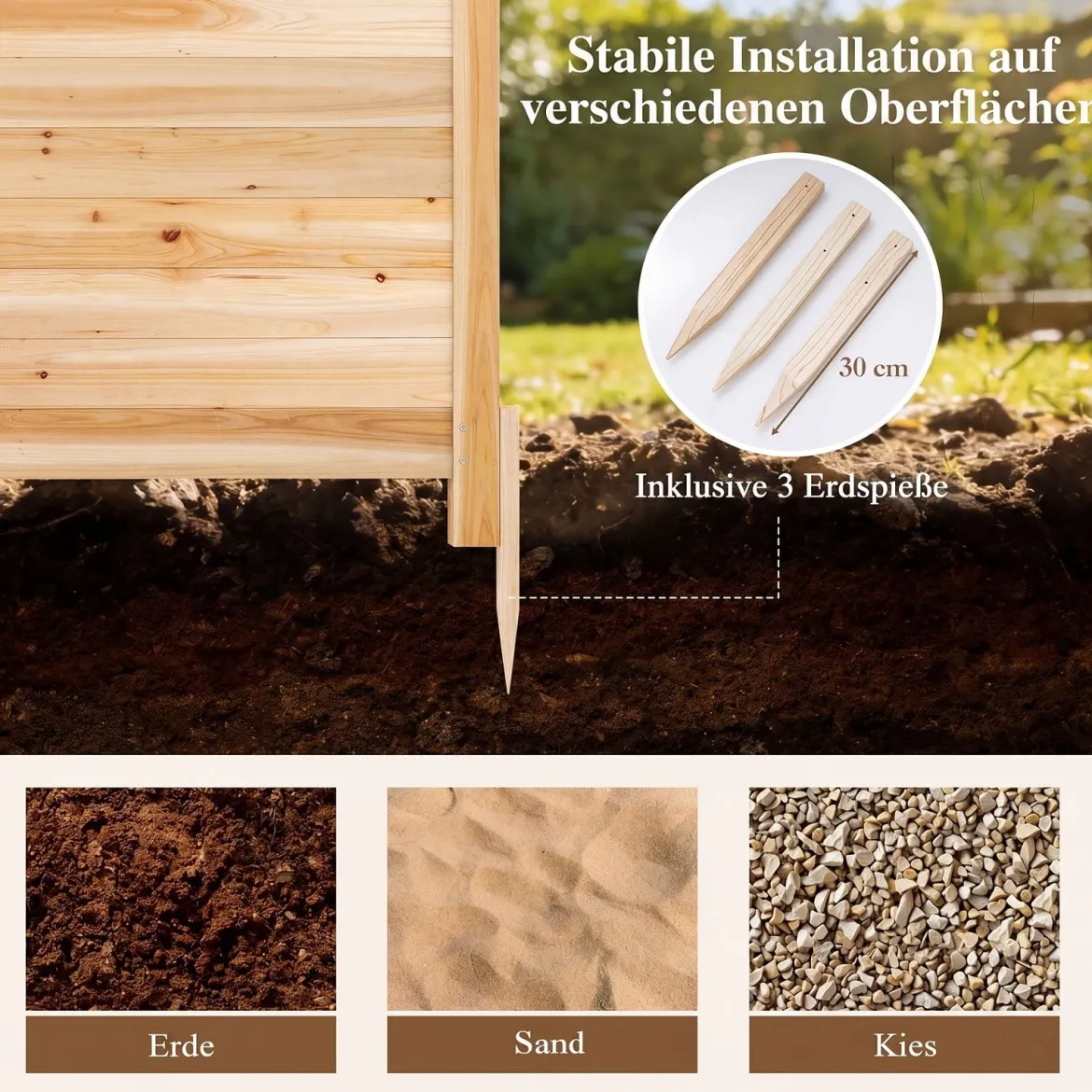 Sichtschutzzaun 2 Teilig 119 x 119 cm Gartenzaun aus Tannenholz Outdoor Holzzaun mit 3 Pfählen Natur