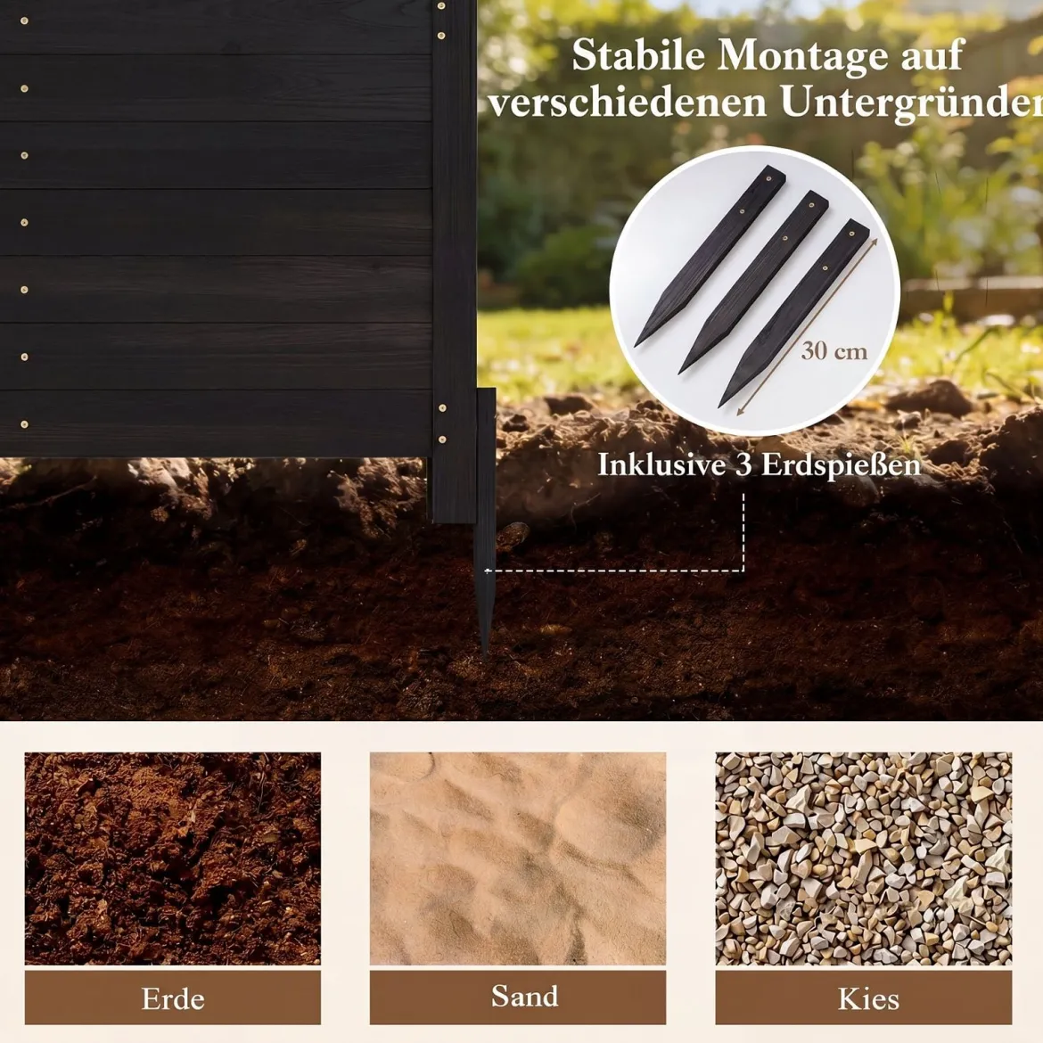 Sichtschutzzaun 2 Teilig 119 x 119 cm Gartenzaun aus Tannenholz Outdoor Holzzaun mit 3 Pfählen Schwarz