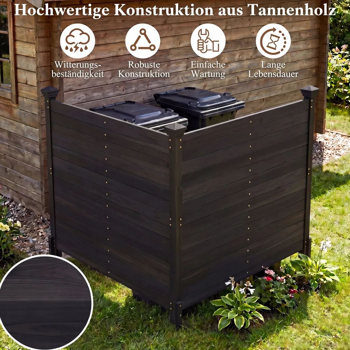 Sichtschutzzaun 2 Teilig 119 x 119 cm Gartenzaun aus Tannenholz Outdoor Holzzaun mit 3 Pfählen Schwarz