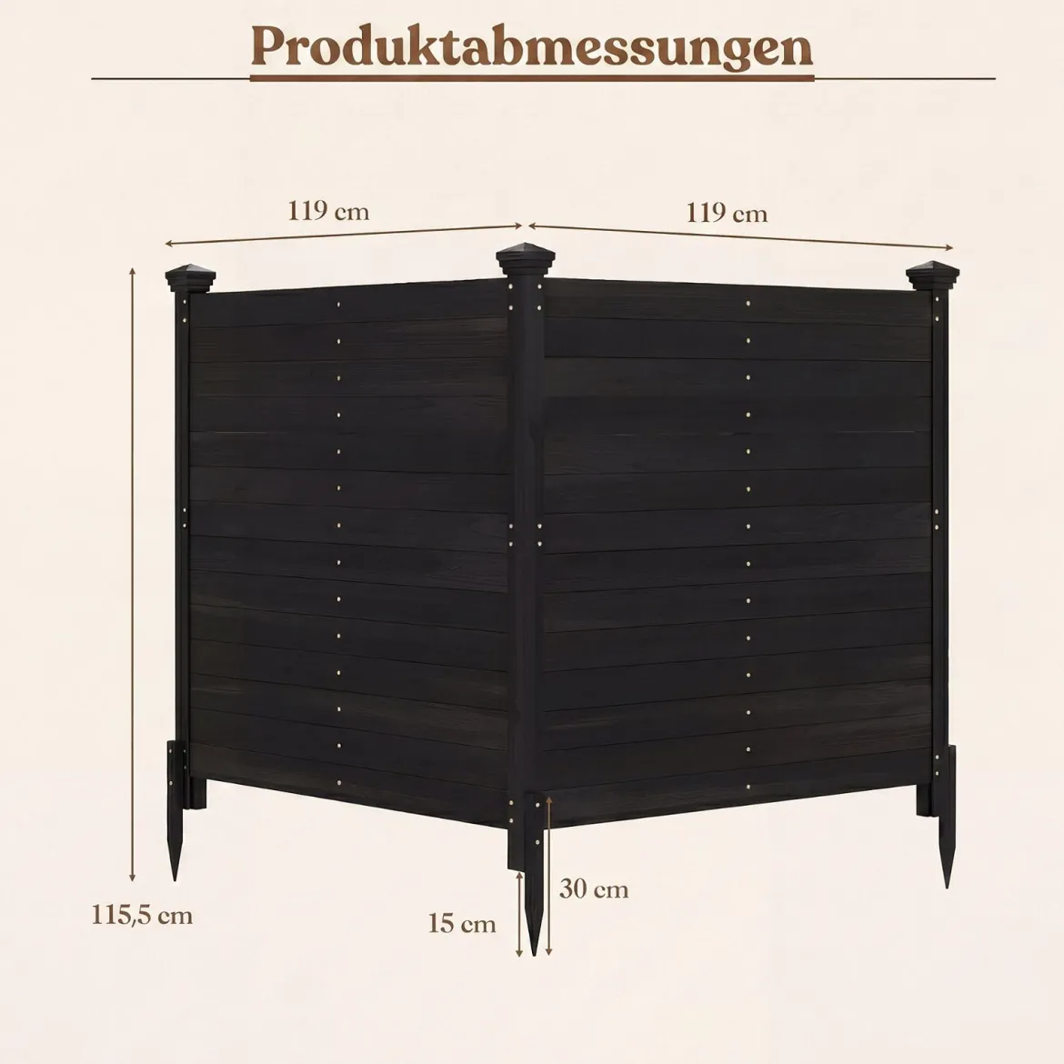 Sichtschutzzaun 2 Teilig 119 x 119 cm Gartenzaun aus Tannenholz Outdoor Holzzaun mit 3 Pfählen Schwarz