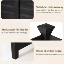 Sichtschutzzaun 2 Teilig 119 x 119 cm Gartenzaun aus Tannenholz Outdoor Holzzaun mit 3 Pfählen Schwarz
