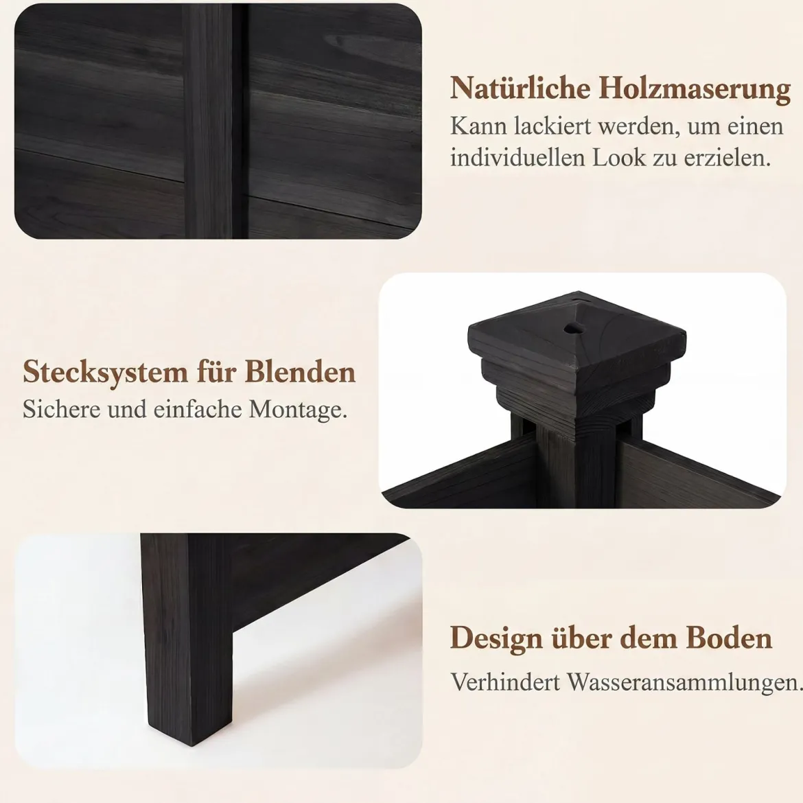 Sichtschutzzaun 2 Teilig 119 x 119 cm Gartenzaun aus Tannenholz Outdoor Holzzaun mit 3 Pfählen Schwarz
