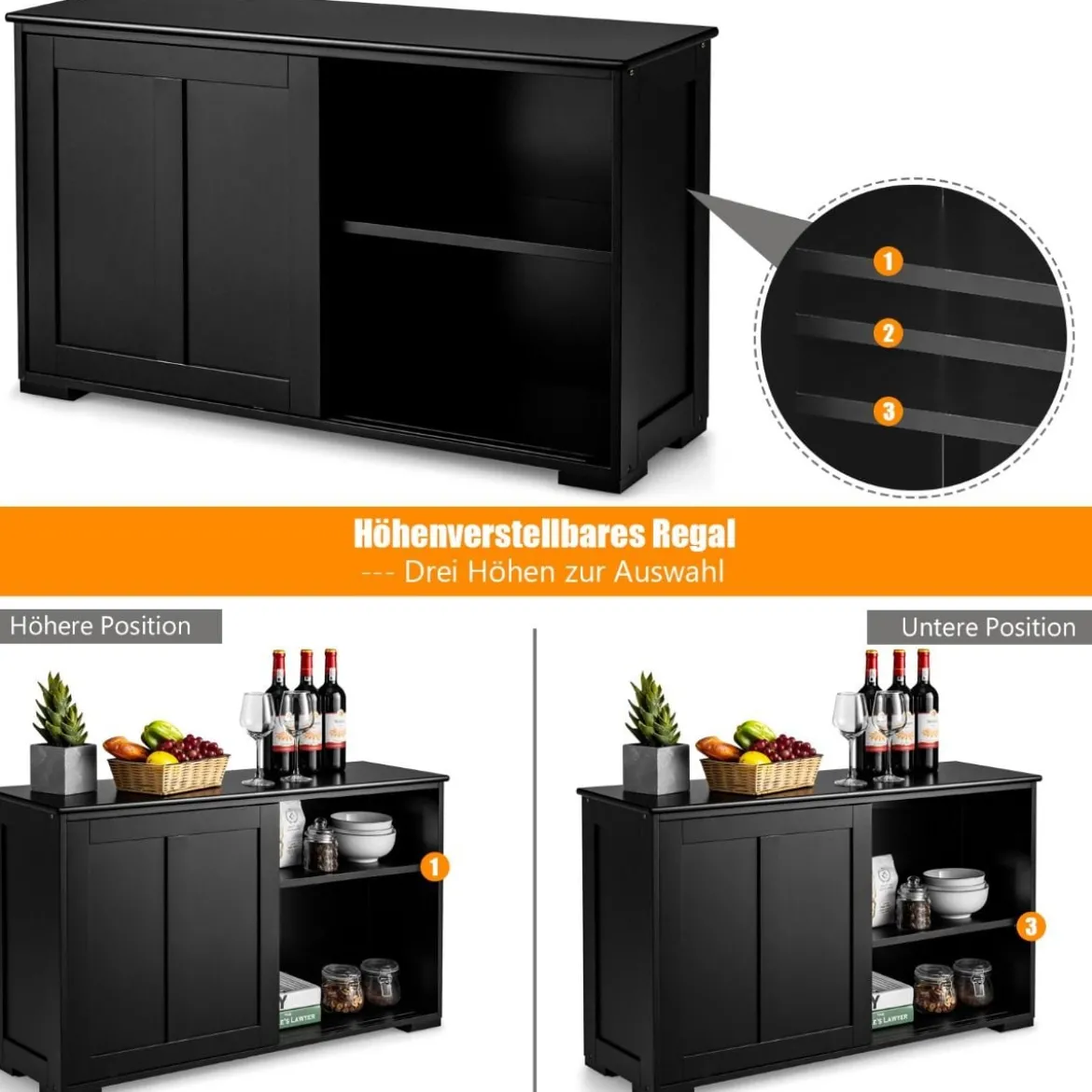 Sideboard Anrichte Küchenschrank Beistellschrank mit Schiebetüren Weiß/Braun/Schwarz 106,5 x 33 x 60 cm