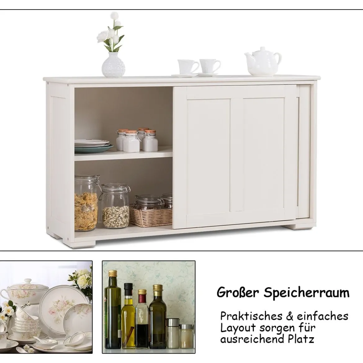 Sideboard Anrichte Küchenschrank Beistellschrank mit Schiebetüren Weiß/Braun/Schwarz 106,5 x 33 x 60 cm