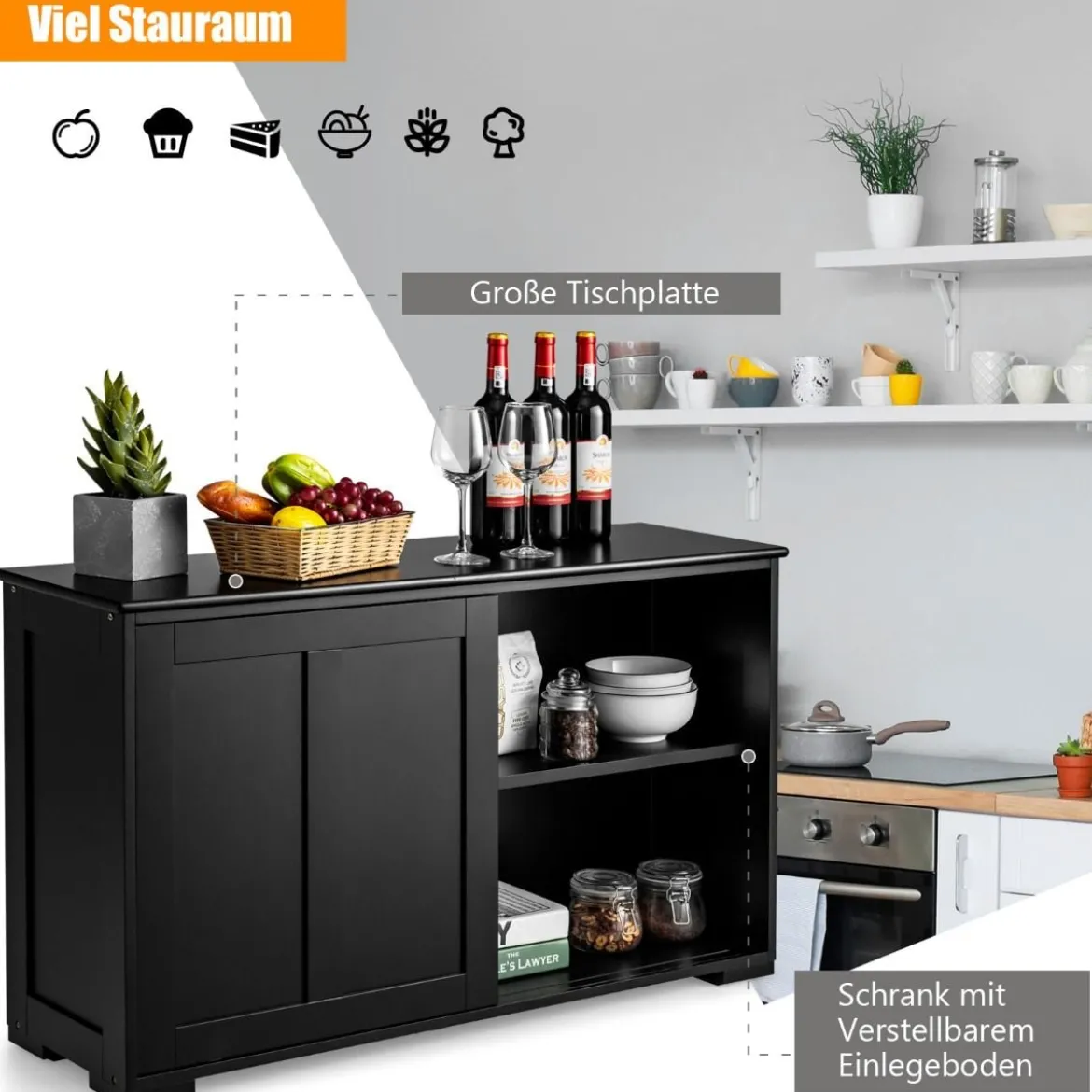 Sideboard Anrichte Küchenschrank Beistellschrank mit Schiebetüren Weiß/Braun/Schwarz 106,5 x 33 x 60 cm
