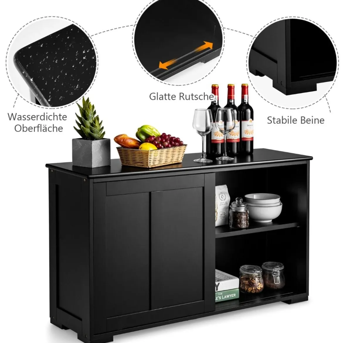 Sideboard Anrichte Küchenschrank Beistellschrank mit Schiebetüren Weiß/Braun/Schwarz 106,5 x 33 x 60 cm