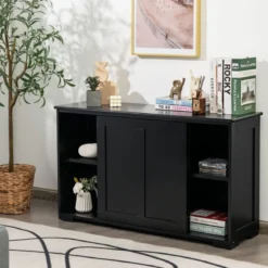 Sideboard Anrichte Küchenschrank Beistellschrank mit Schiebetüren Weiß/Braun/Schwarz 106,5 x 33 x 60 cm