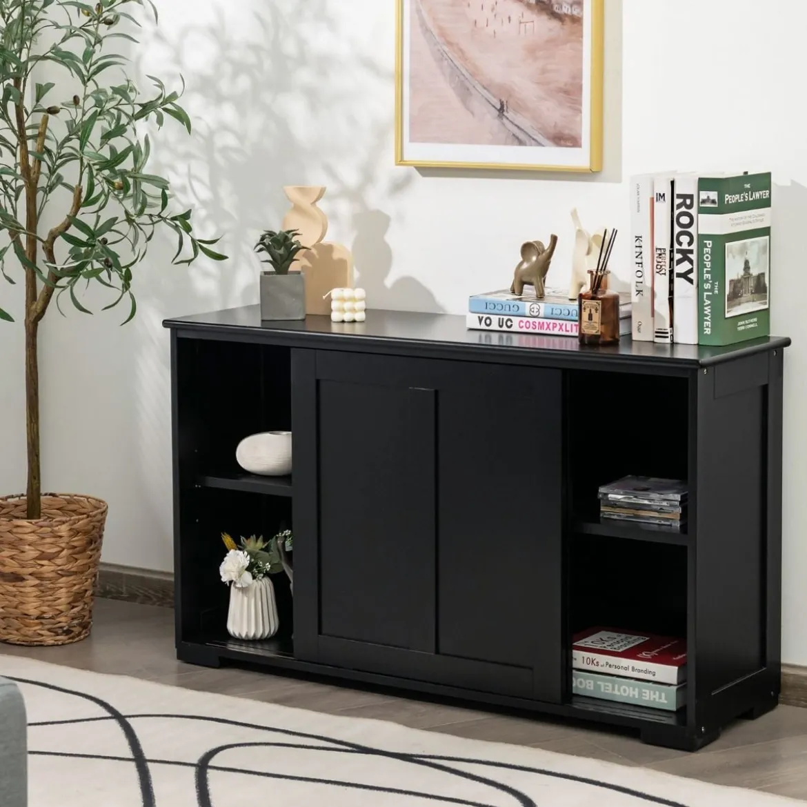 Sideboard Anrichte Küchenschrank Beistellschrank mit Schiebetüren Weiß/Braun/Schwarz 106,5 x 33 x 60 cm