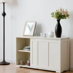 Sideboard Anrichte Küchenschrank Beistellschrank mit Schiebetüren Weiß/Braun/Schwarz 106,5 x 33 x 60 cm