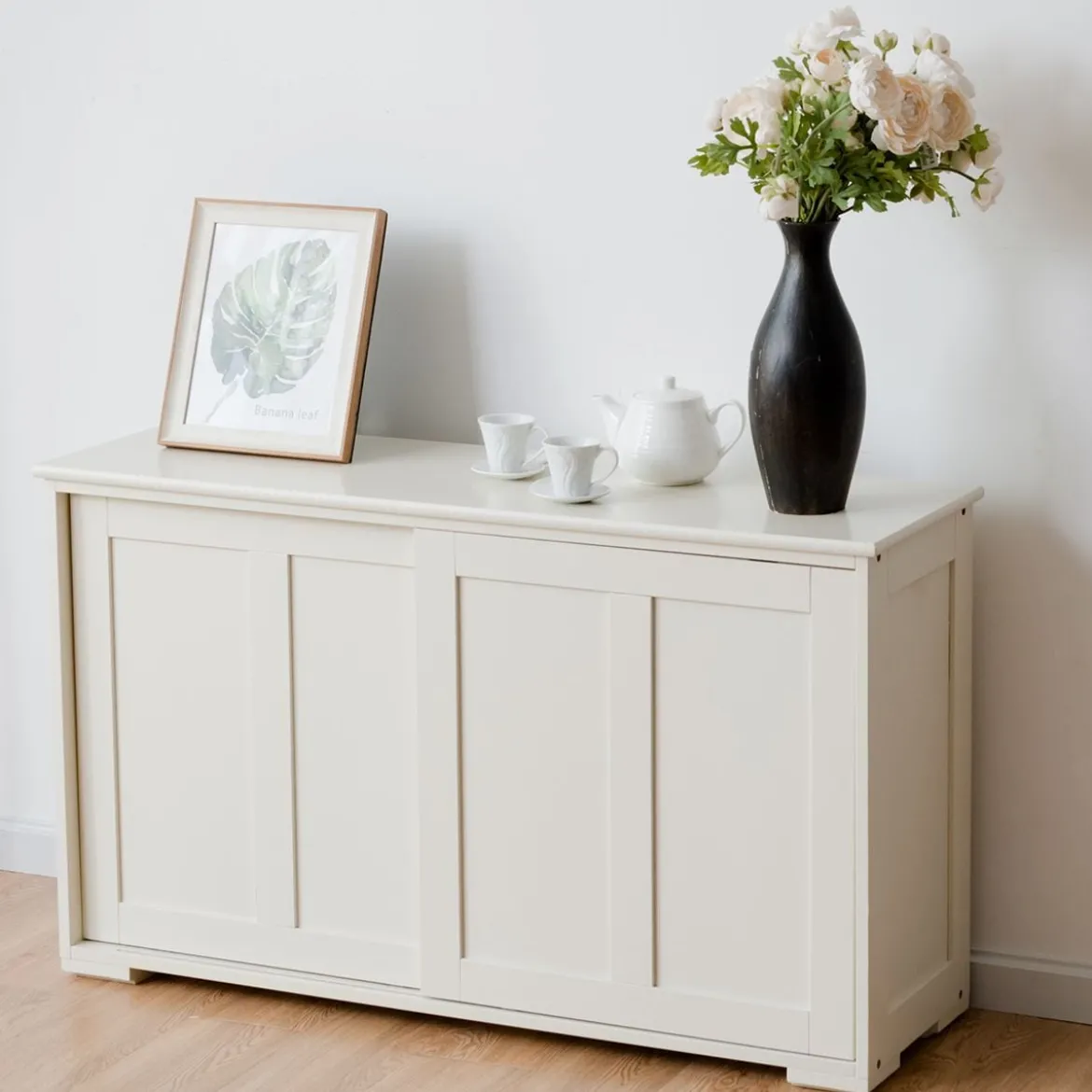 Sideboard Anrichte Küchenschrank Beistellschrank mit Schiebetüren Weiß/Braun/Schwarz 106,5 x 33 x 60 cm