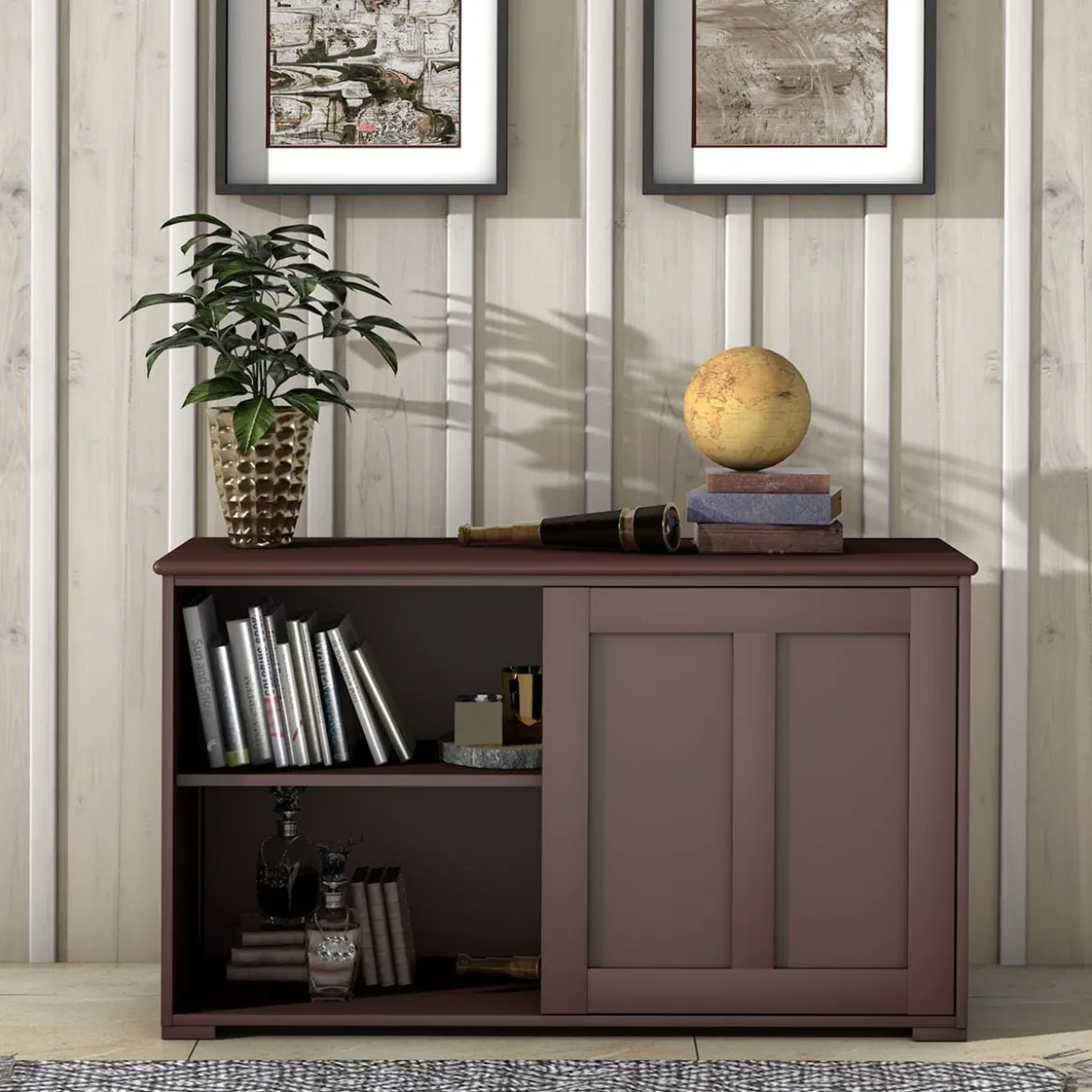 Sideboard Anrichte Küchenschrank Beistellschrank mit Schiebetüren Weiß/Braun/Schwarz 106,5 x 33 x 60 cm