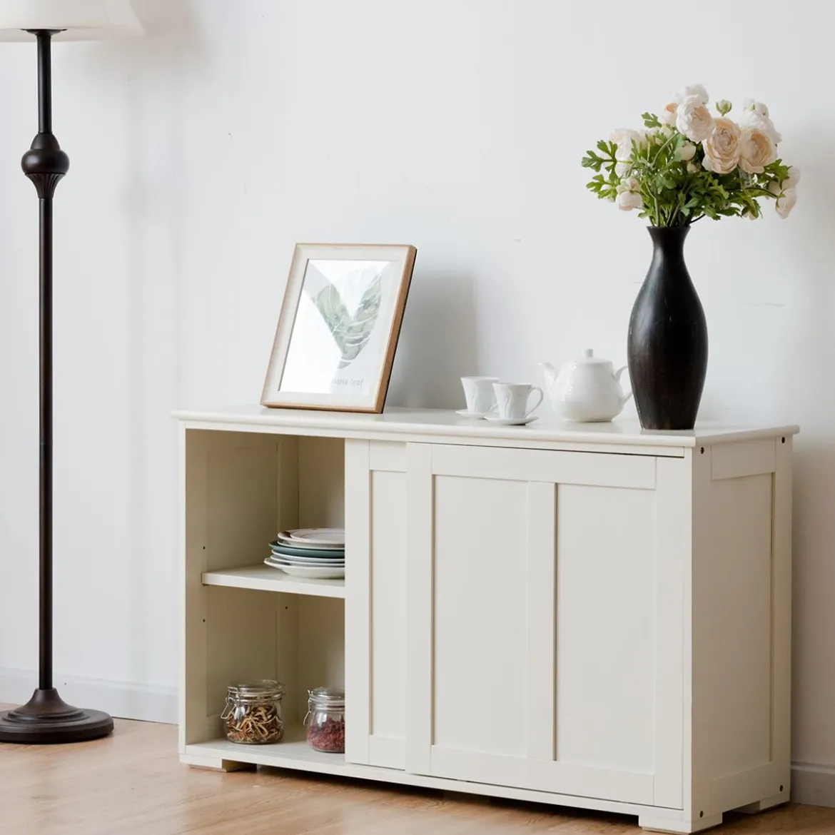 Sideboard Anrichte Küchenschrank Beistellschrank mit Schiebetüren Weiß/Braun/Schwarz 106,5 x 33 x 60 cm