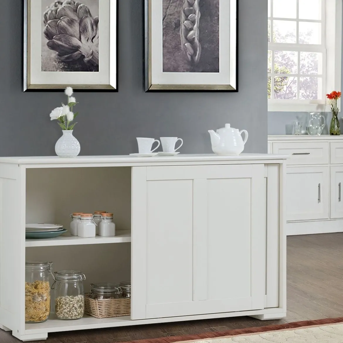 Sideboard Anrichte Küchenschrank Beistellschrank mit Schiebetüren Weiß/Braun/Schwarz 106,5 x 33 x 60 cm