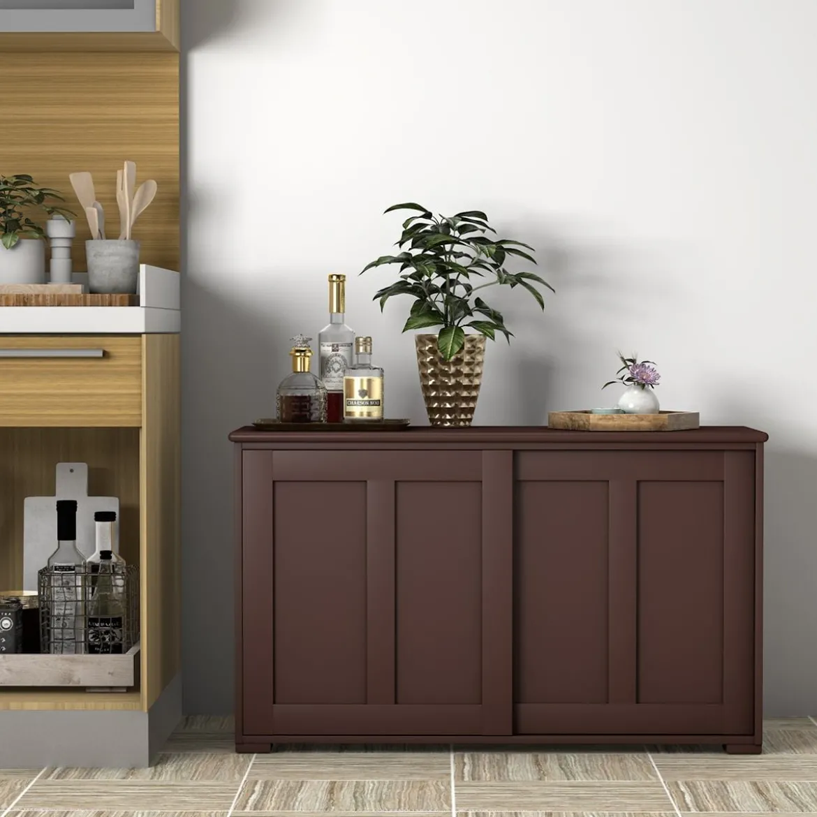 Sideboard Anrichte Küchenschrank Beistellschrank mit Schiebetüren Weiß/Braun/Schwarz 106,5 x 33 x 60 cm