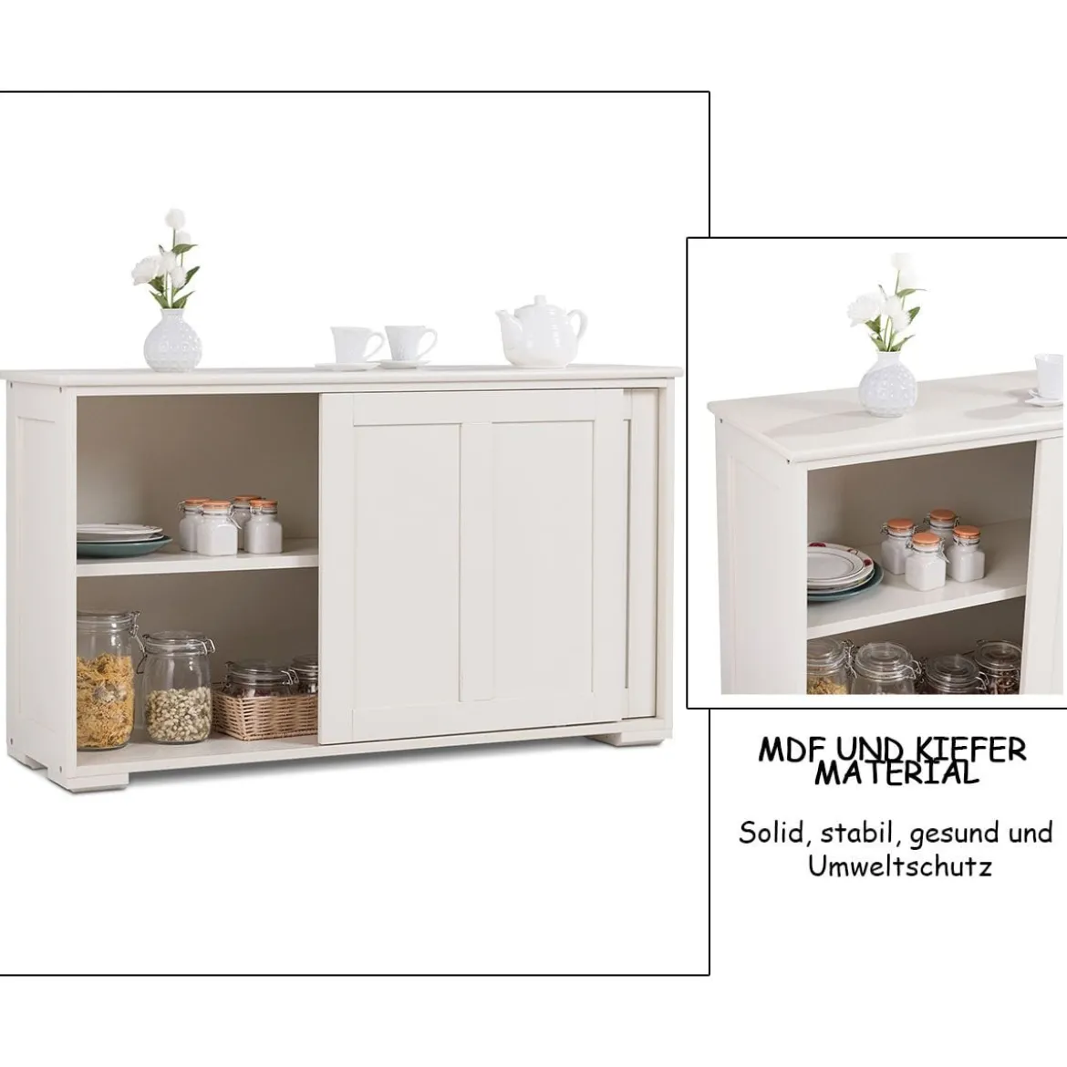 Sideboard Anrichte Küchenschrank Beistellschrank mit Schiebetüren Weiß/Braun/Schwarz 106,5 x 33 x 60 cm