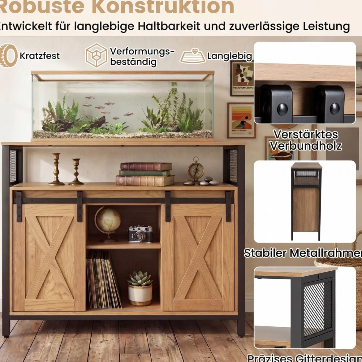 Sideboard aus Holz mit Metallrahmen 2 Schiebetüren & 3 Verstellbaren Regalen 100 x 33 x 80 cm Natur