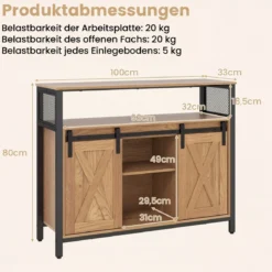 Sideboard aus Holz mit Metallrahmen 2 Schiebetüren & 3 Verstellbaren Regalen 100 x 33 x 80 cm Natur