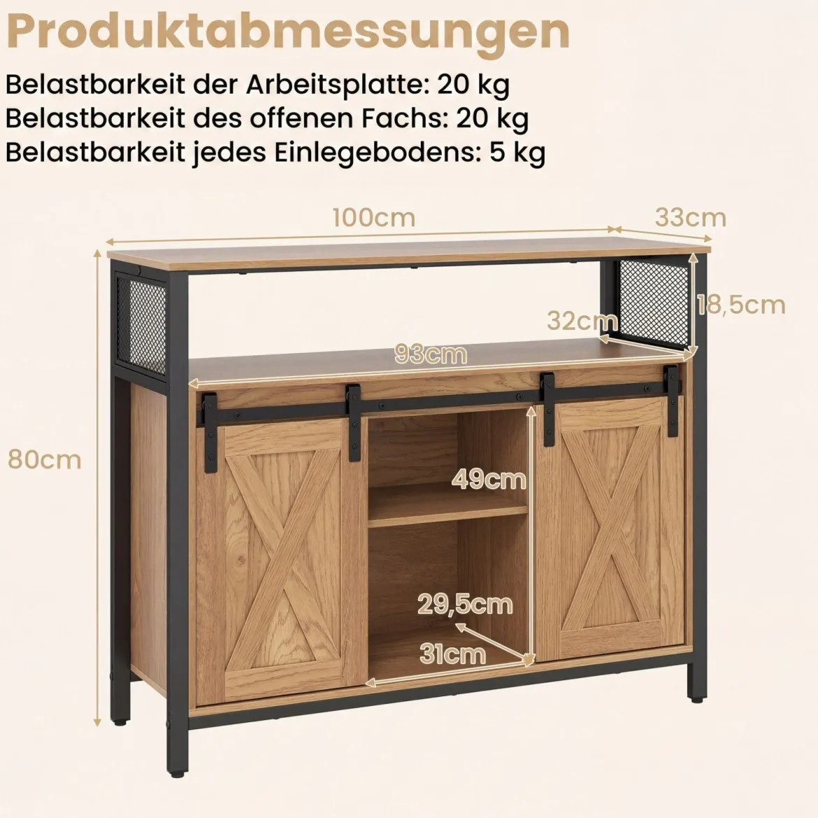 Sideboard aus Holz mit Metallrahmen 2 Schiebetüren & 3 Verstellbaren Regalen 100 x 33 x 80 cm Natur