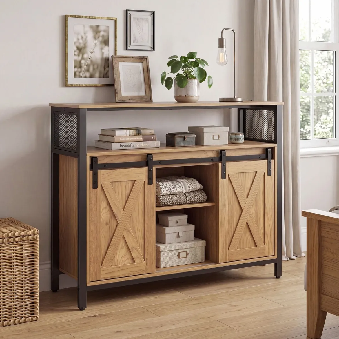 Sideboard aus Holz mit Metallrahmen 2 Schiebetüren & 3 Verstellbaren Regalen 100 x 33 x 80 cm Natur