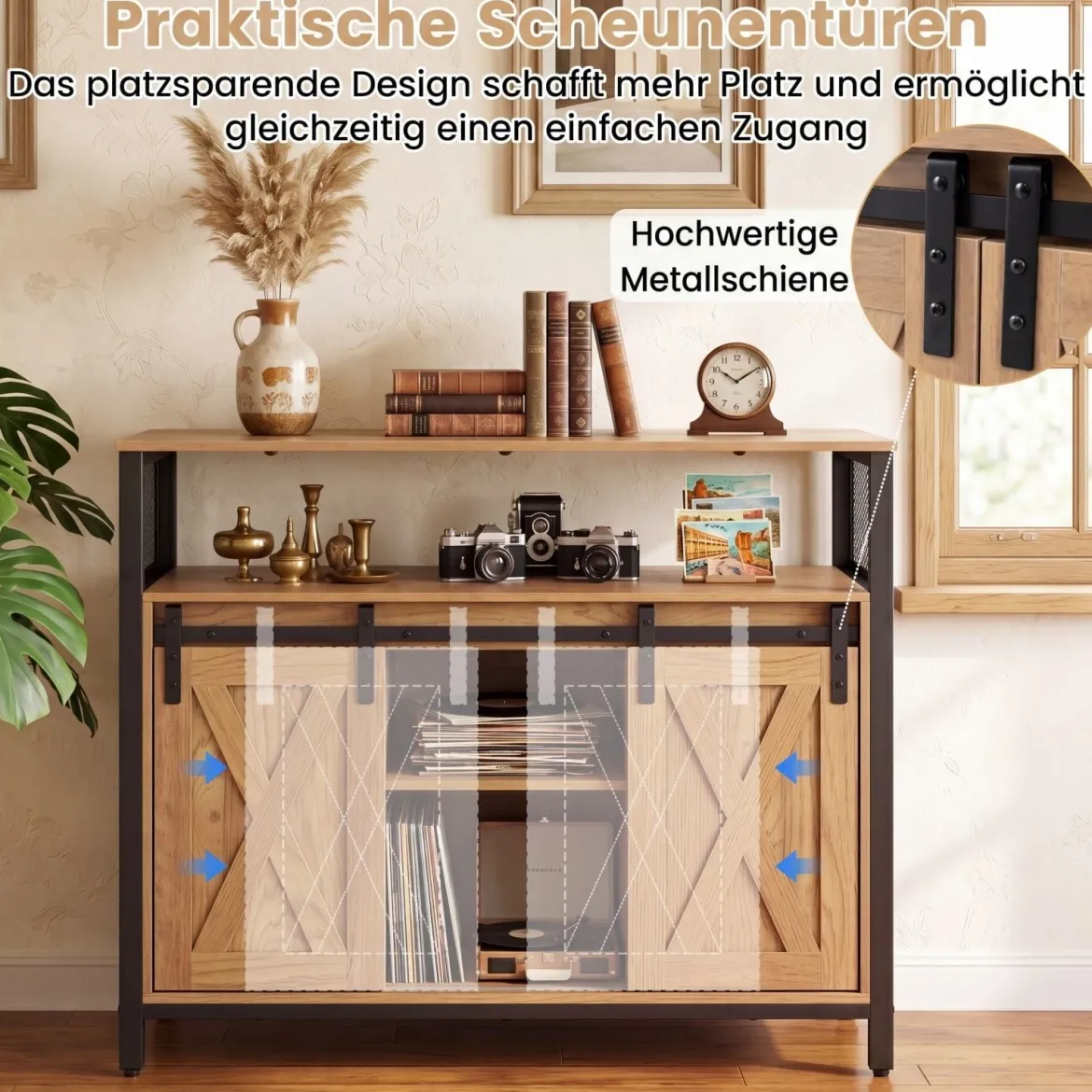 Sideboard aus Holz mit Metallrahmen 2 Schiebetüren & 3 Verstellbaren Regalen 100 x 33 x 80 cm Natur