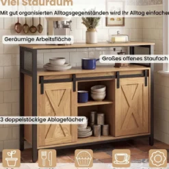 Sideboard aus Holz mit Metallrahmen 2 Schiebetüren & 3 Verstellbaren Regalen 100 x 33 x 80 cm Natur