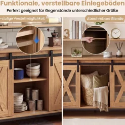 Sideboard aus Holz mit Metallrahmen 2 Schiebetüren & 3 Verstellbaren Regalen 100 x 33 x 80 cm Natur