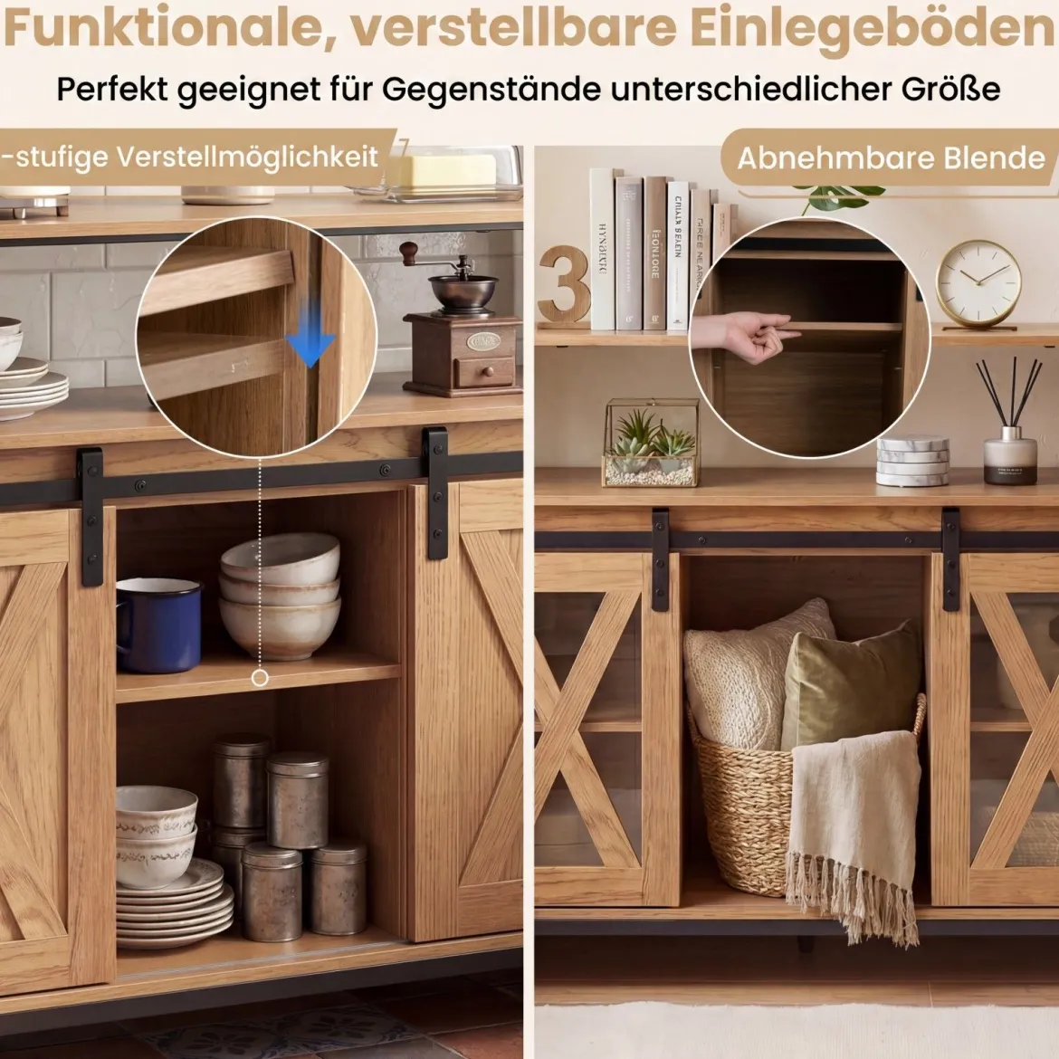 Sideboard aus Holz mit Metallrahmen 2 Schiebetüren & 3 Verstellbaren Regalen 100 x 33 x 80 cm Natur