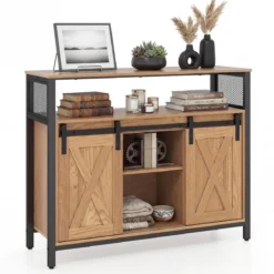 Sideboard aus Holz mit Metallrahmen 2 Schiebetüren & 3 Verstellbaren Regalen 100 x 33 x 80 cm Natur