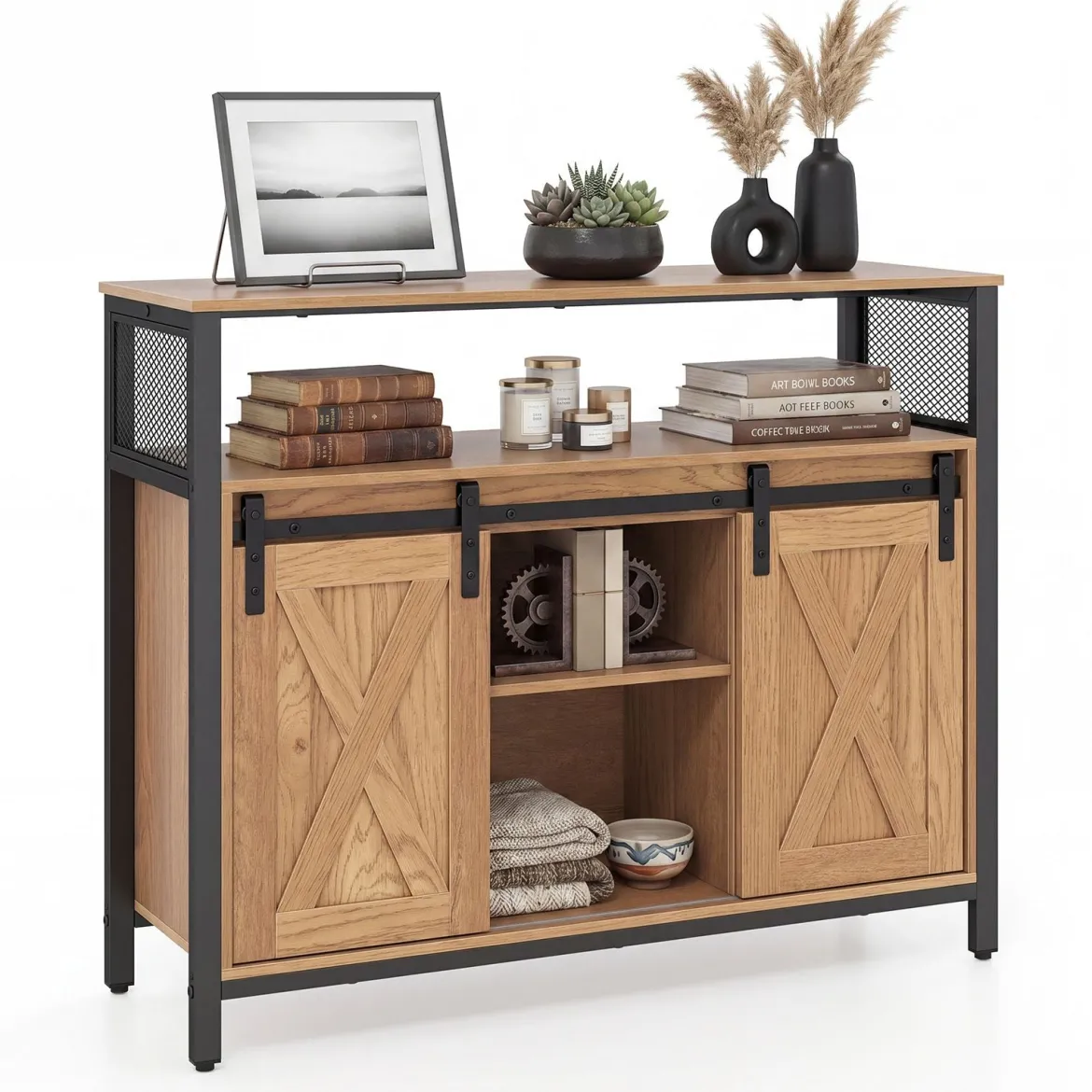 Sideboard aus Holz mit Metallrahmen 2 Schiebetüren & 3 Verstellbaren Regalen 100 x 33 x 80 cm Natur