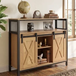 Sideboard aus Holz mit Metallrahmen 2 Schiebetüren & 3 Verstellbaren Regalen 100 x 33 x 80 cm Natur