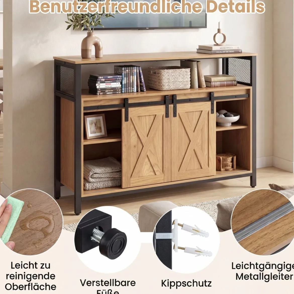 Sideboard aus Holz mit Metallrahmen 2 Schiebetüren & 3 Verstellbaren Regalen 100 x 33 x 80 cm Natur