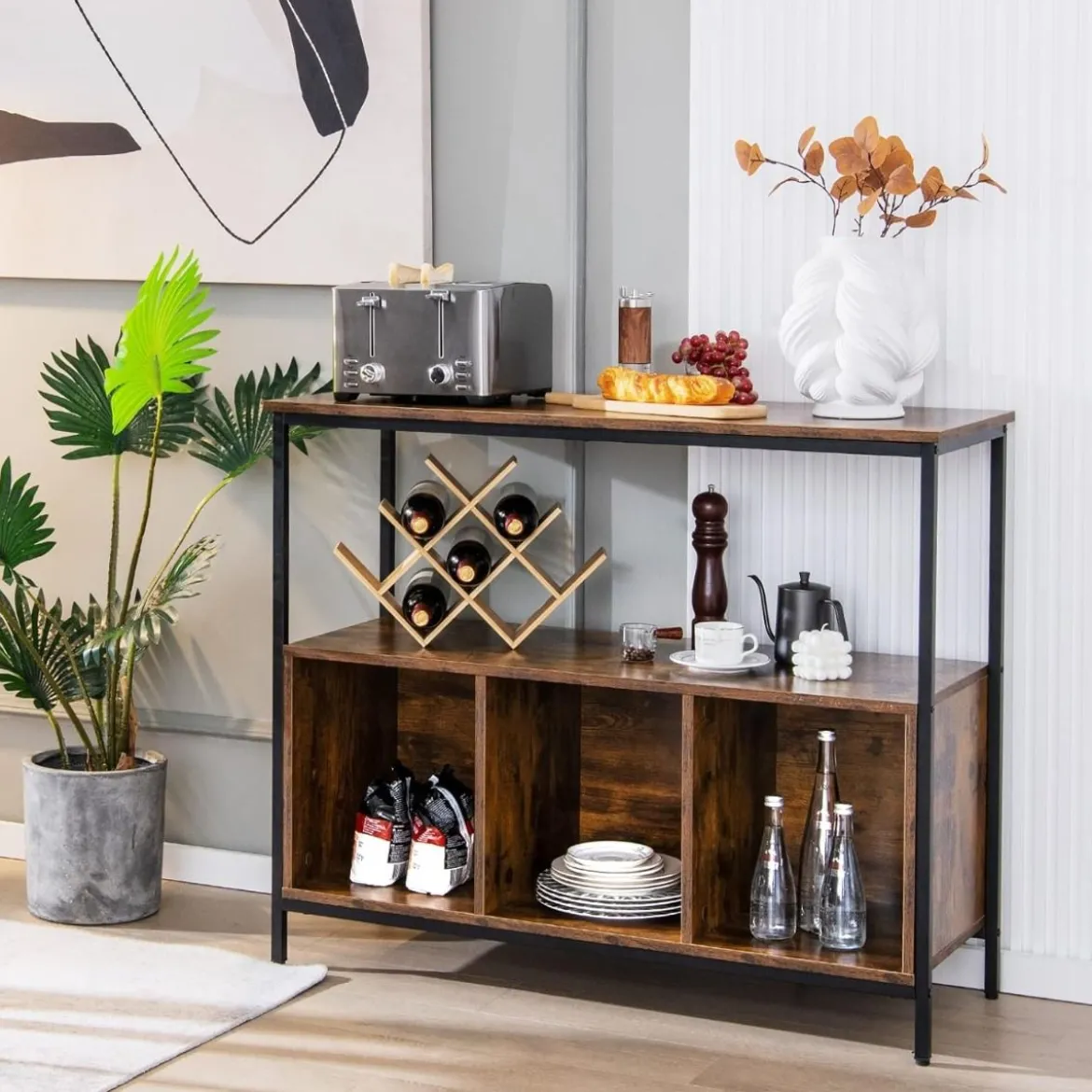 Sideboard aus Holz mit Metallrahmen & Offenem Regal & 3 Fächern 110 x 42,5 x 88 cm Braun