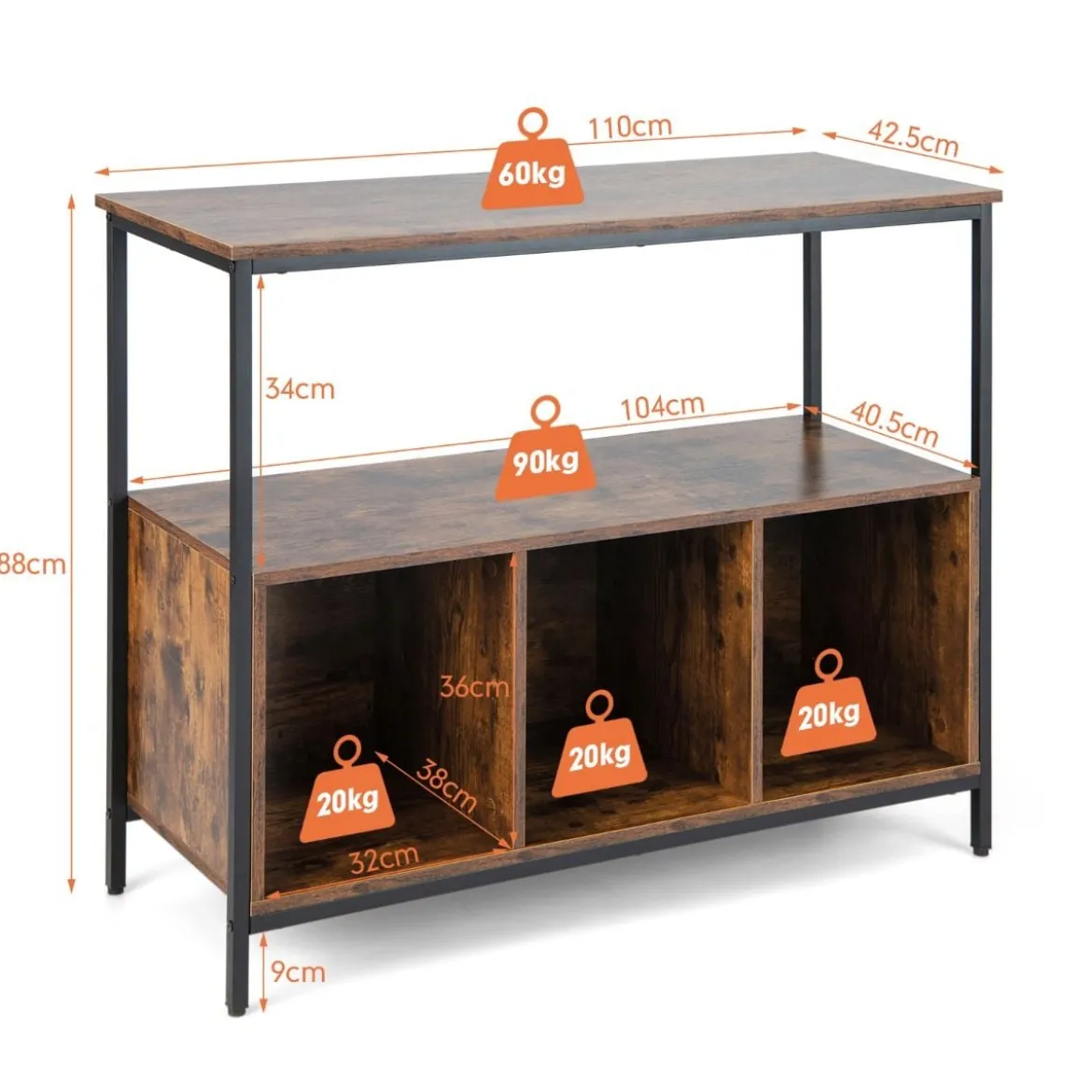 Sideboard aus Holz mit Metallrahmen & Offenem Regal & 3 Fächern 110 x 42,5 x 88 cm Braun