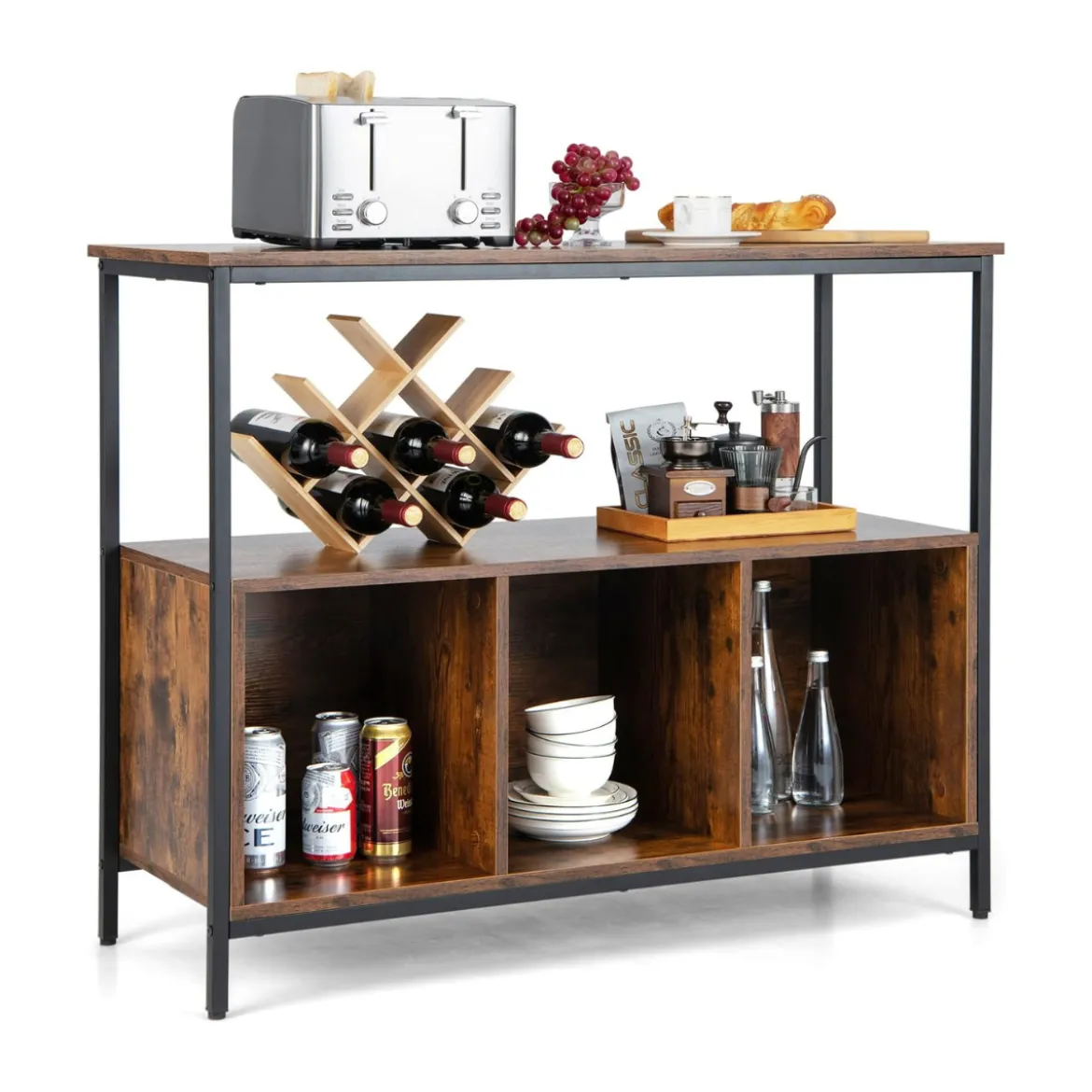Sideboard aus Holz mit Metallrahmen & Offenem Regal & 3 Fächern 110 x 42,5 x 88 cm Braun