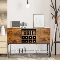Sideboard aus Holz mit Weinregal & Türen Küchenschrank 120 x 40 x 85 cm Rustikales Braun