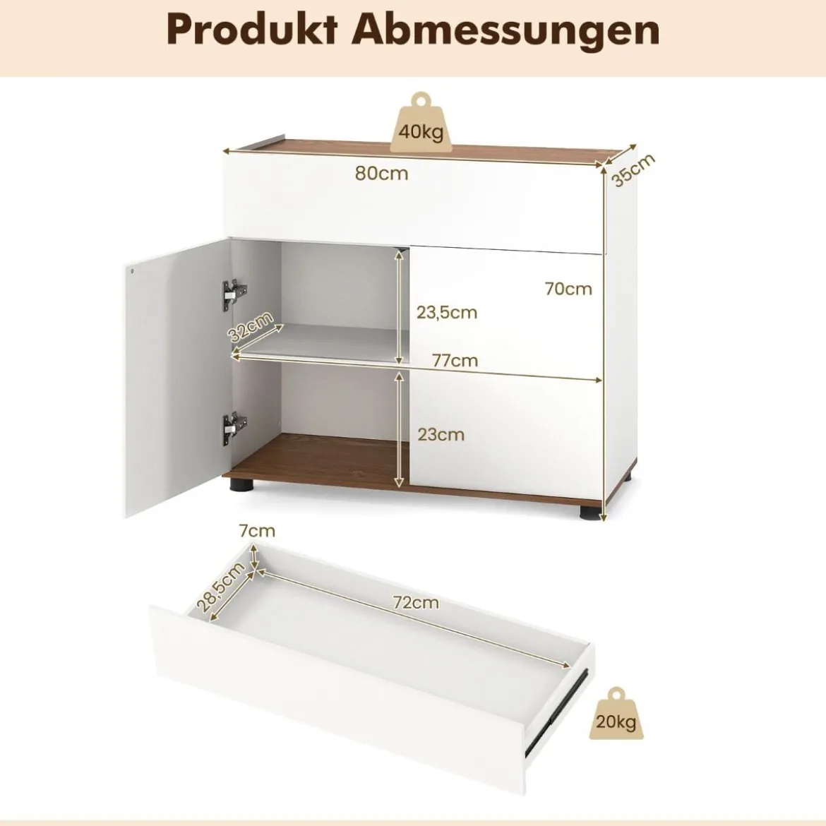 Sideboard Buffet-Schrank mit Stauraum Holz-Kaffeebar-Stationstisch mit 1 Schublade & 2 Türen Weiß