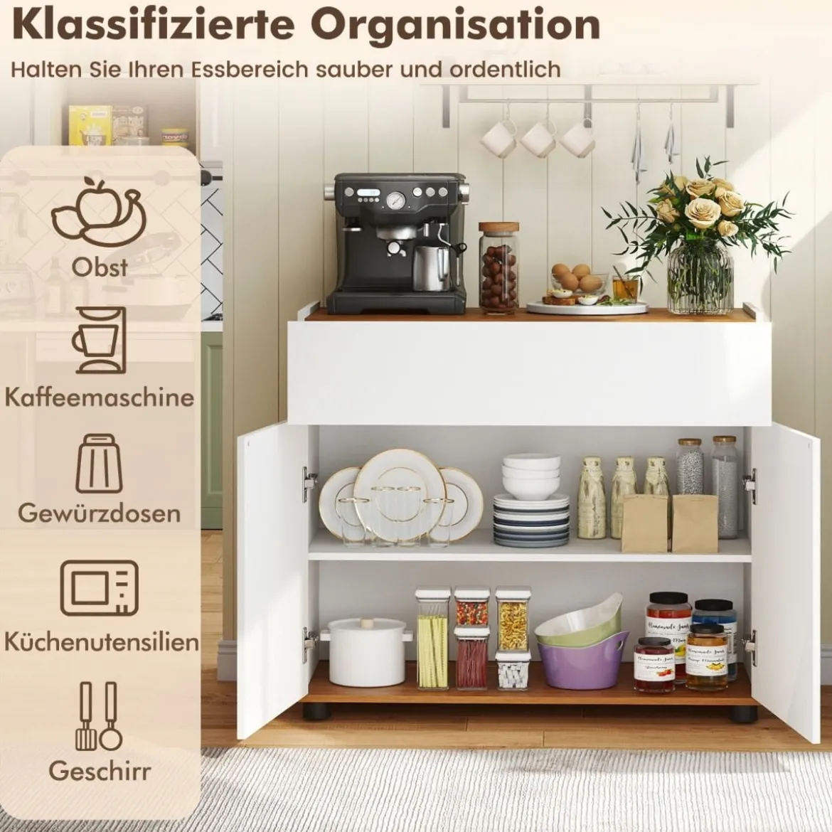 Sideboard Buffet-Schrank mit Stauraum Holz-Kaffeebar-Stationstisch mit 1 Schublade & 2 Türen Weiß