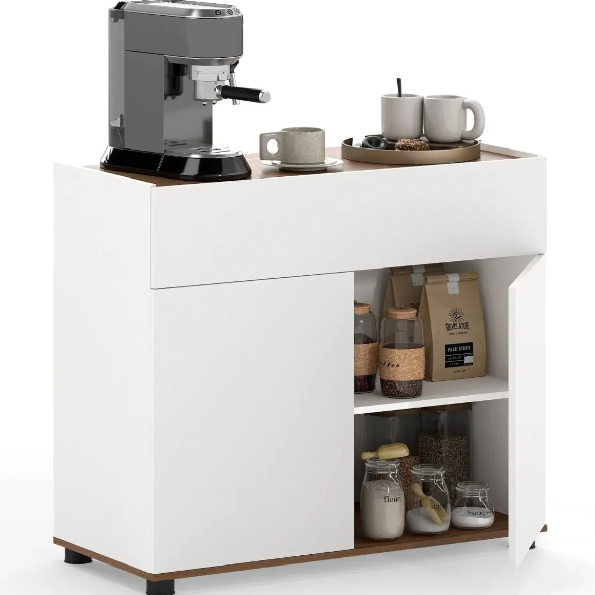 Sideboard Buffet-Schrank mit Stauraum Holz-Kaffeebar-Stationstisch mit 1 Schublade & 2 Türen Weiß