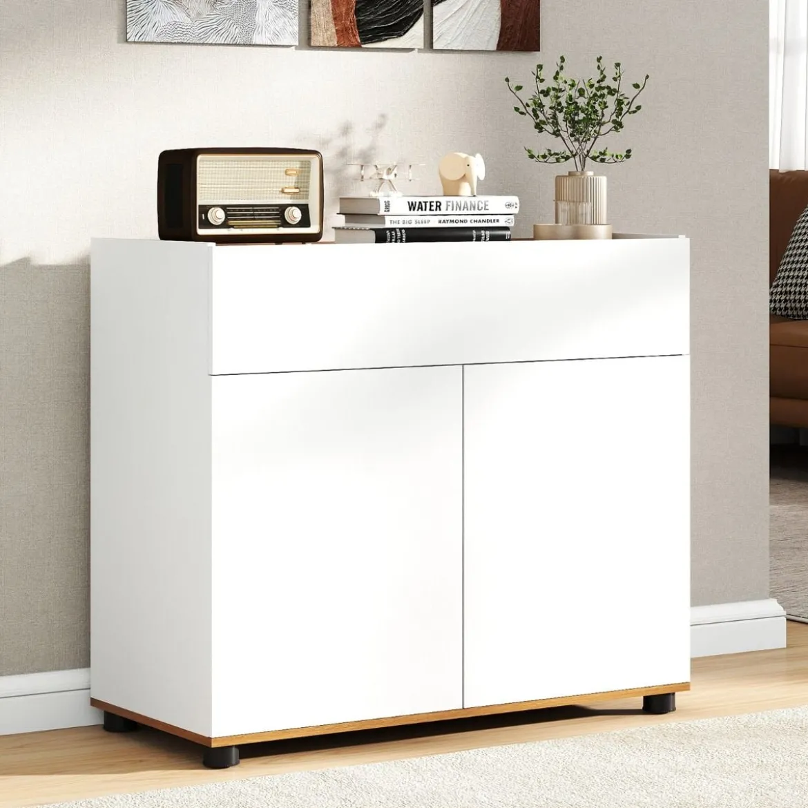 Sideboard Buffet-Schrank mit Stauraum Holz-Kaffeebar-Stationstisch mit 1 Schublade & 2 Türen Weiß