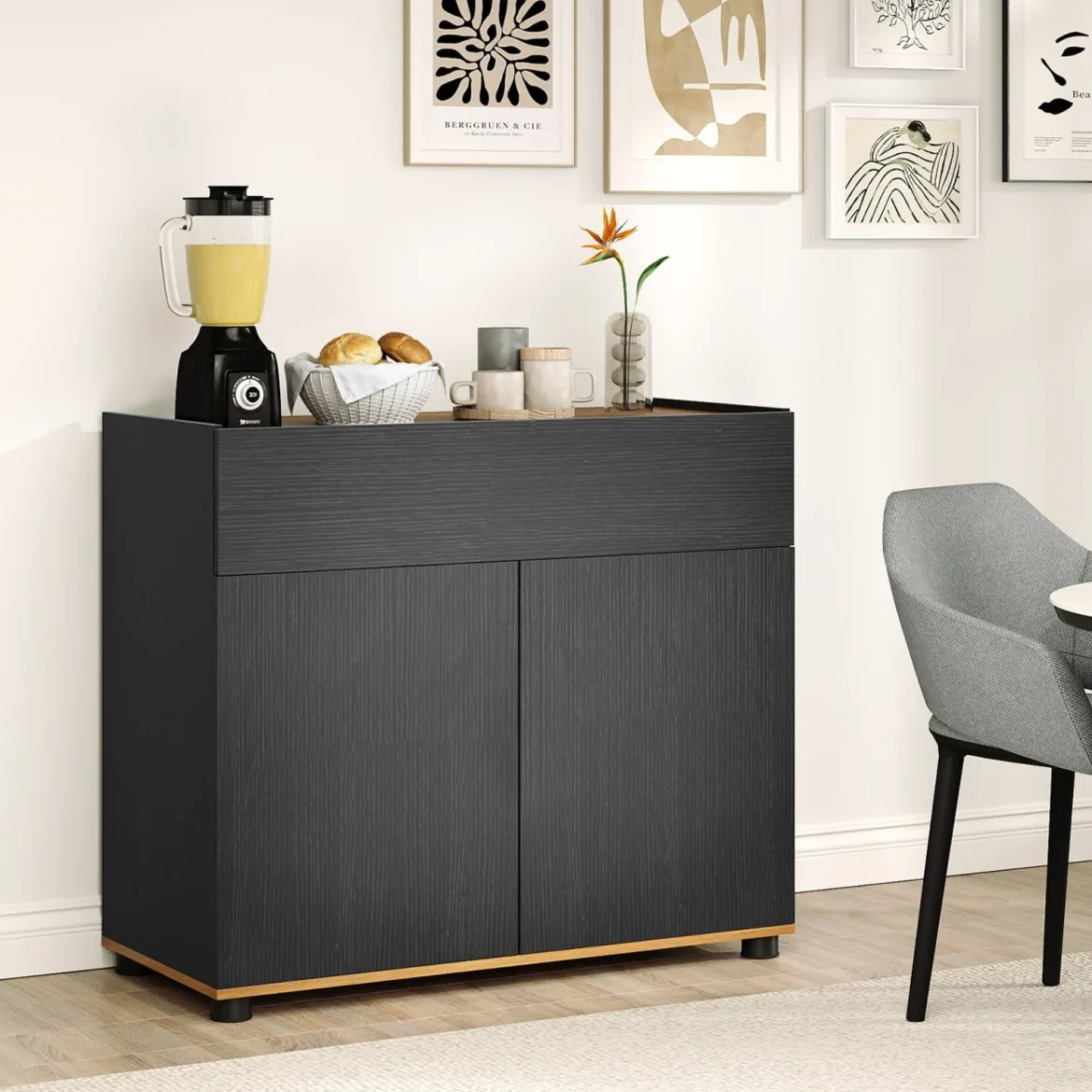 Sideboard Buffet-Schrank mit Stauraum Holz-Kaffeebar-Stationstisch mit 1 Schublade & 2 Türen Schwarz