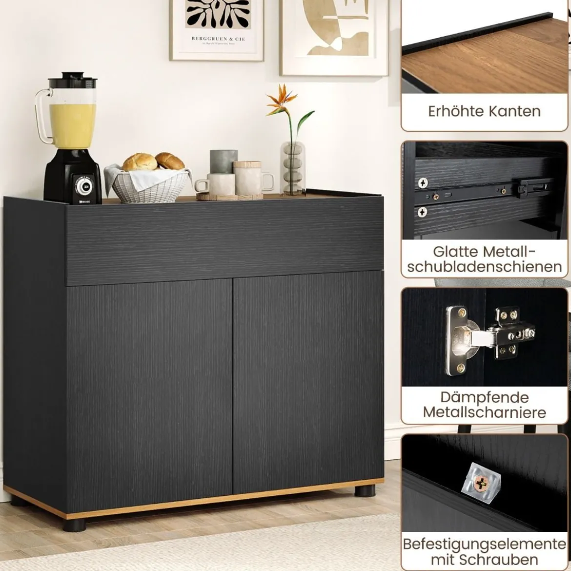 Sideboard Buffet-Schrank mit Stauraum Holz-Kaffeebar-Stationstisch mit 1 Schublade & 2 Türen Schwarz
