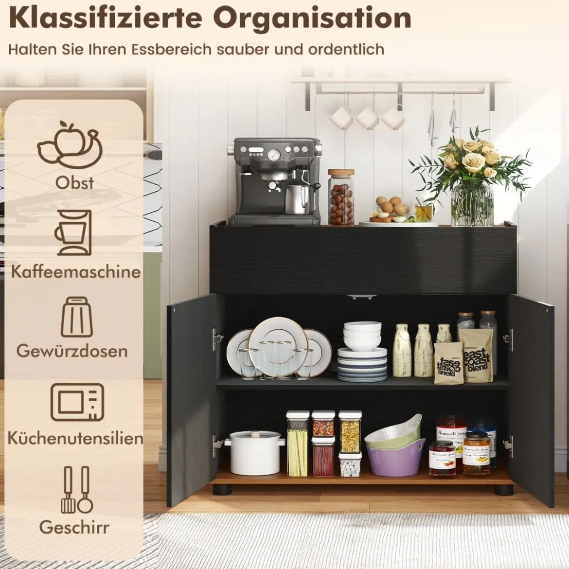 Sideboard Buffet-Schrank mit Stauraum Holz-Kaffeebar-Stationstisch mit 1 Schublade & 2 Türen Schwarz