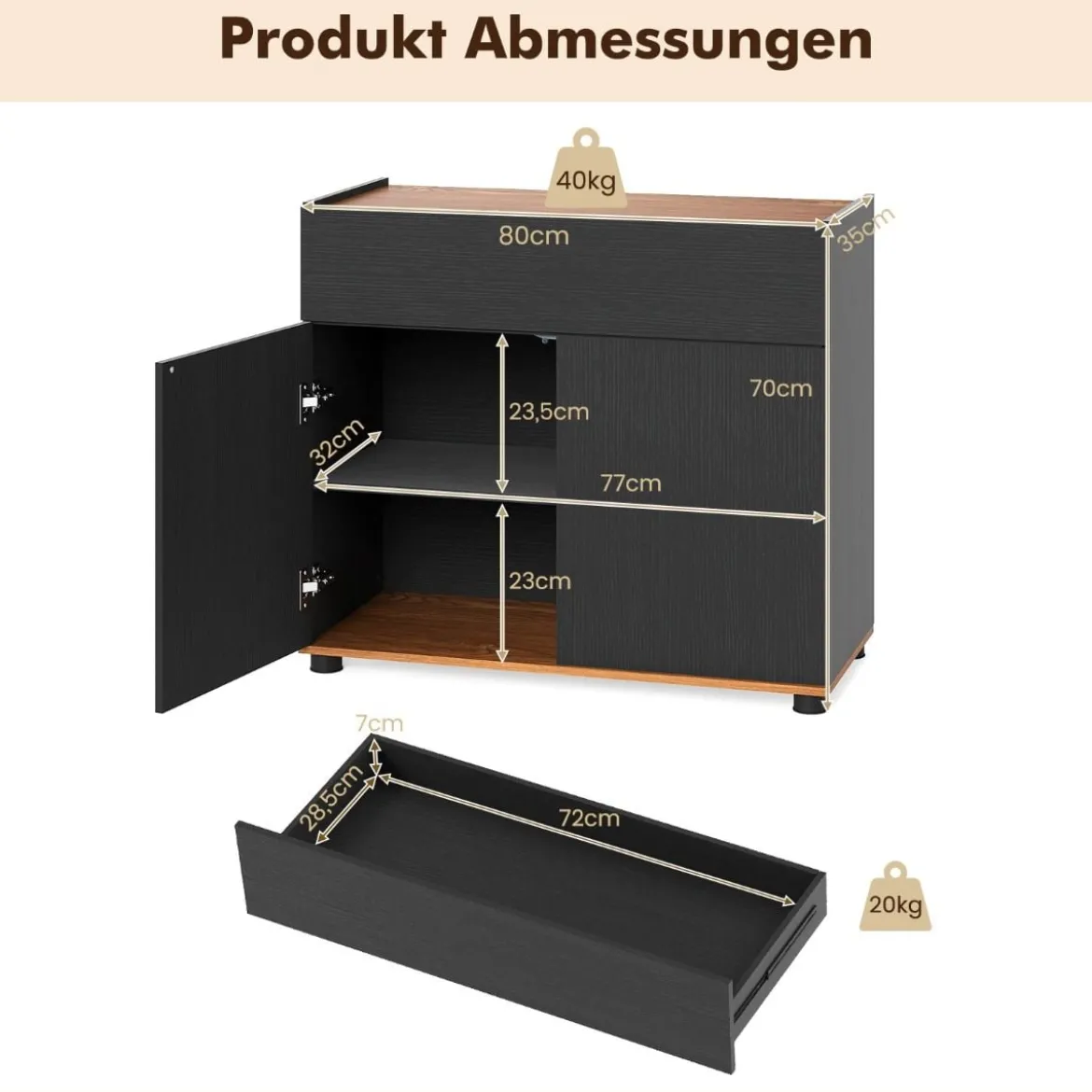 Sideboard Buffet-Schrank mit Stauraum Holz-Kaffeebar-Stationstisch mit 1 Schublade & 2 Türen Schwarz