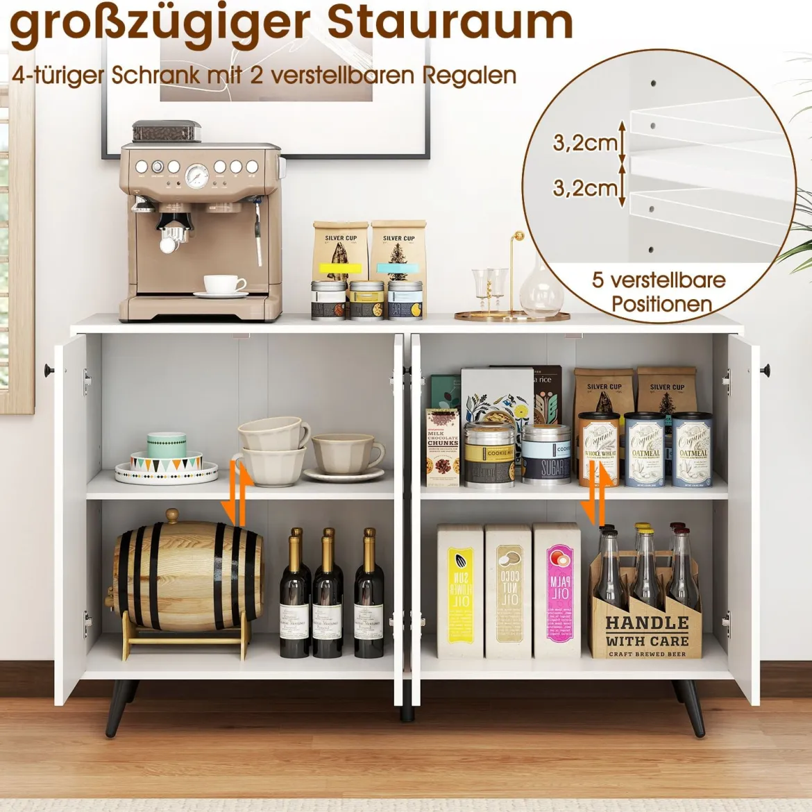 Sideboard Holz Kommode mit 4 Türen & 5-fach verstellbare Ablagen 127,5 x 38 x 80 cm Weiß