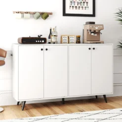 Sideboard Holz Kommode mit 4 Türen & 5-fach verstellbare Ablagen 127,5 x 38 x 80 cm Weiß