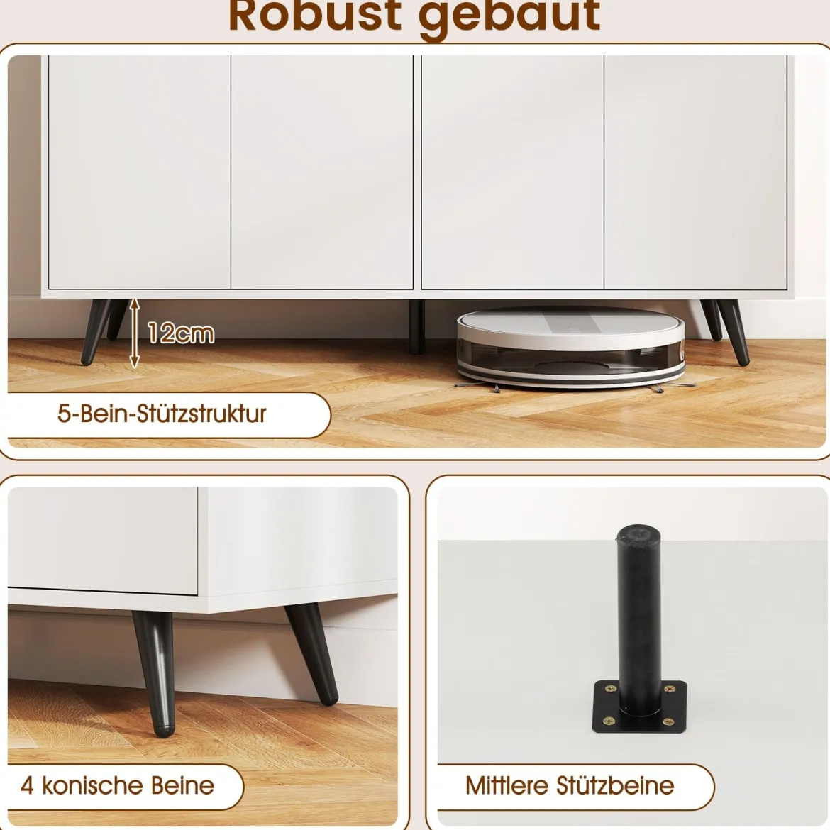 Sideboard Holz Kommode mit 4 Türen & 5-fach verstellbare Ablagen 127,5 x 38 x 80 cm Weiß