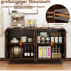 Sideboard Holz Kommode mit 4 Türen & 5-fach verstellbare Ablagen 127,5 x 38 x 80 cm Braun